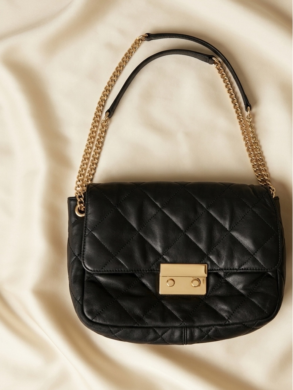 Michael Kors Leather Sloan Quilted Flap Shoulder Bag Chain Crossbody Black Gold - Picture 2 of 16